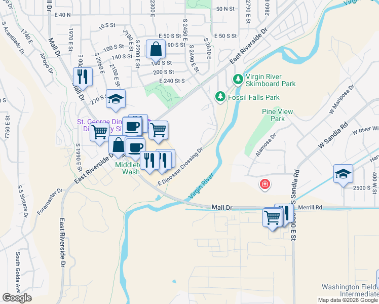 map of restaurants, bars, coffee shops, grocery stores, and more near 2271 East Dinosaur Crossing Drive in St. George