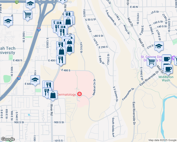 map of restaurants, bars, coffee shops, grocery stores, and more near in Saint George