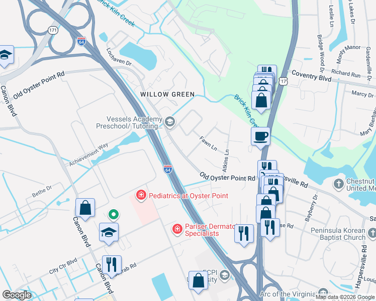 map of restaurants, bars, coffee shops, grocery stores, and more near 109 Stag Terrace in Newport News