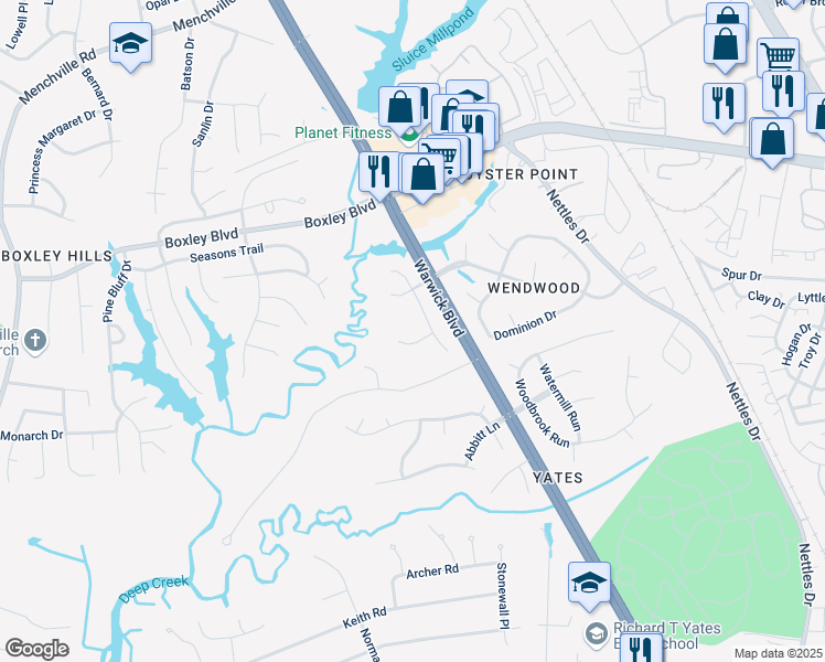map of restaurants, bars, coffee shops, grocery stores, and more near 12907 Fitzhugh Drive in Newport News