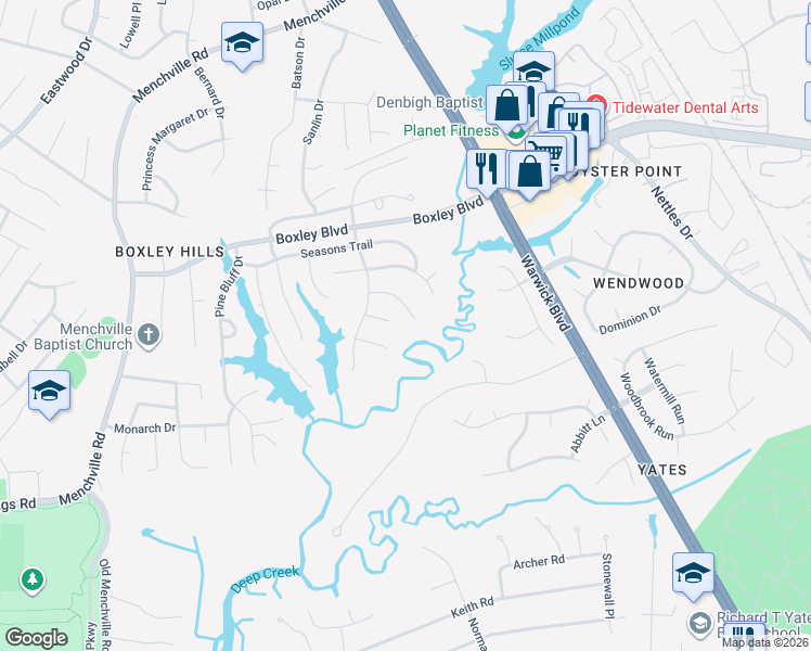 map of restaurants, bars, coffee shops, grocery stores, and more near 256 Huntstree Place in Newport News