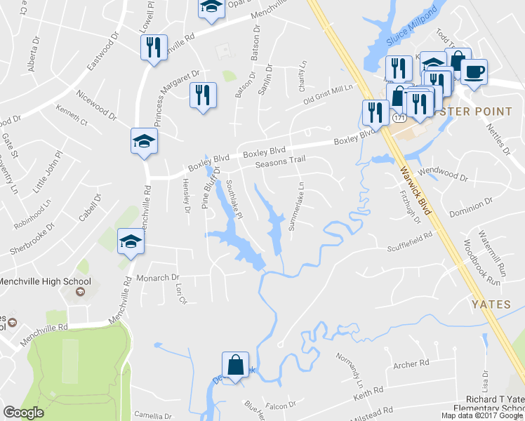 map of restaurants, bars, coffee shops, grocery stores, and more near 132 Summerglen Ridge in Newport News