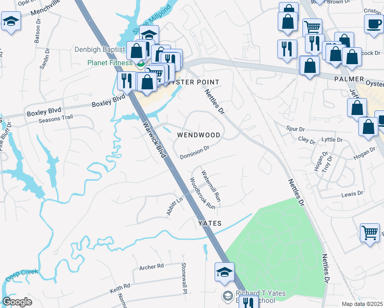 map of restaurants, bars, coffee shops, grocery stores, and more near 222 Dominion Dr in Newport News
