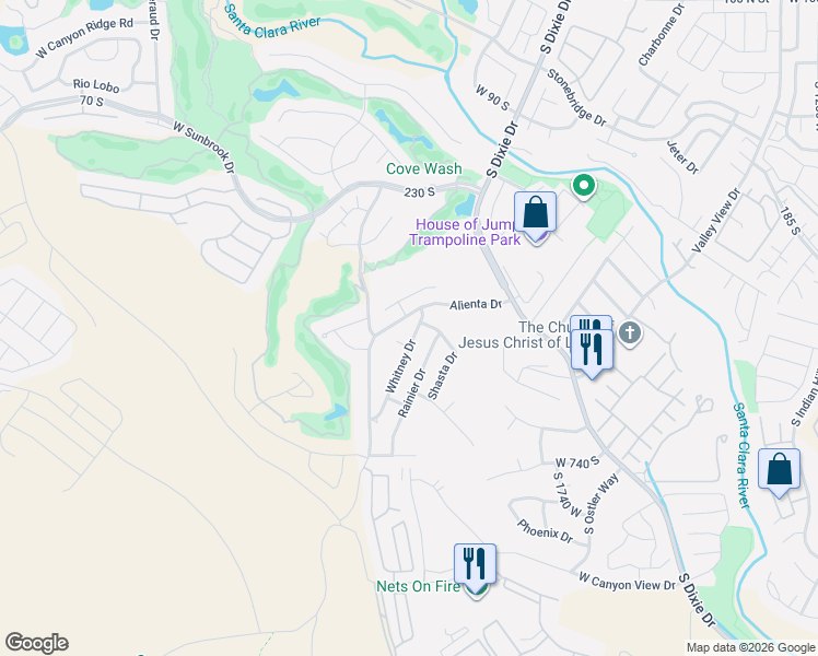 map of restaurants, bars, coffee shops, grocery stores, and more near 496 Whitney Drive in St. George