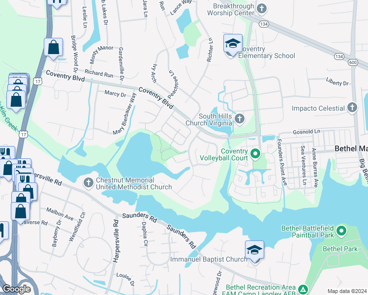 map of restaurants, bars, coffee shops, grocery stores, and more near 213 Belmont Circle in Yorktown