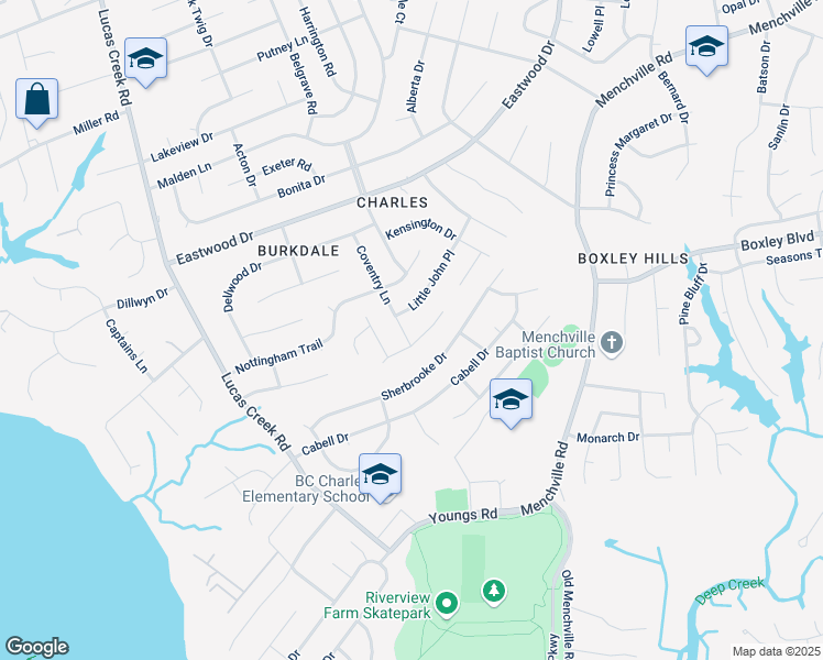 map of restaurants, bars, coffee shops, grocery stores, and more near 162 Robinhood Lane in Newport News