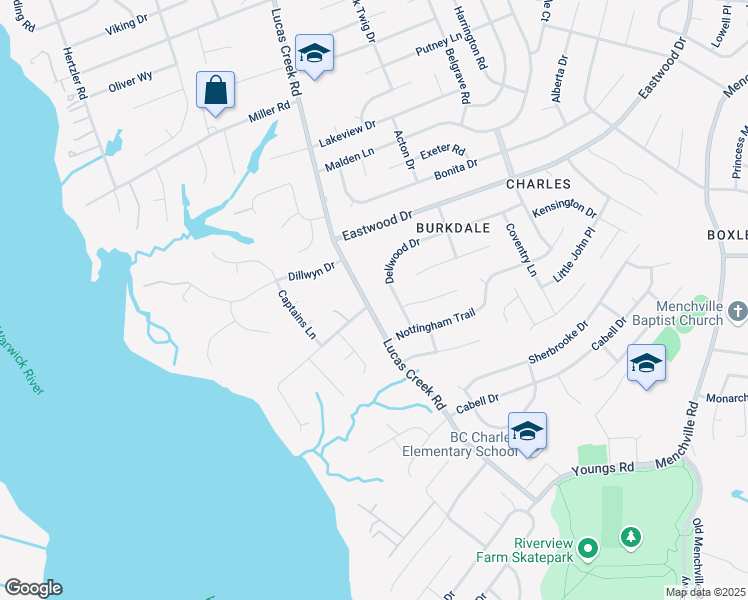 map of restaurants, bars, coffee shops, grocery stores, and more near 101 Lucas Creek Road in Newport News