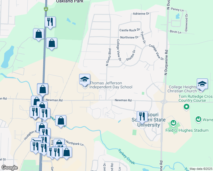 map of restaurants, bars, coffee shops, grocery stores, and more near 930 North Goetz Boulevard in Joplin