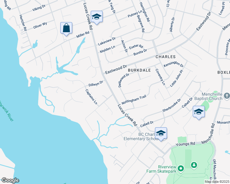 map of restaurants, bars, coffee shops, grocery stores, and more near 101 Lucas Creek Road in Newport News