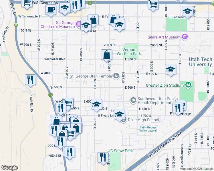 map of restaurants, bars, coffee shops, grocery stores, and more near 476 South 200 East in St. George