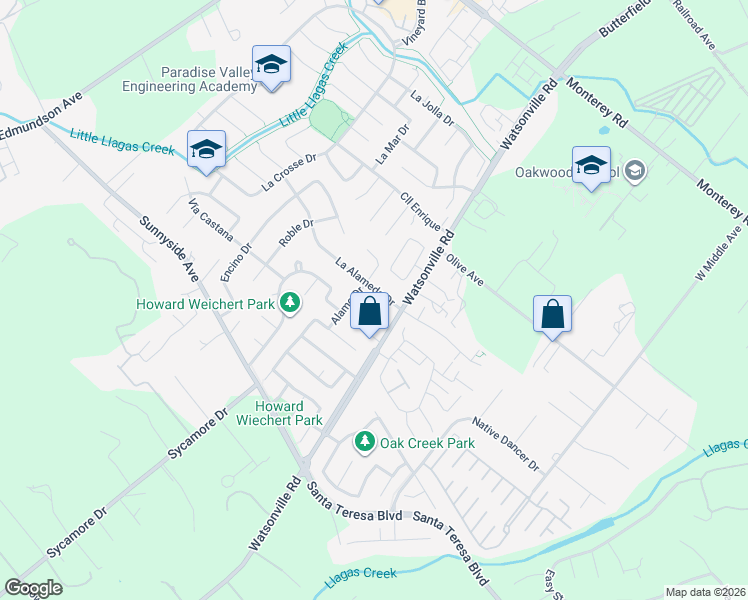 map of restaurants, bars, coffee shops, grocery stores, and more near 15265 La Alameda Drive in Morgan Hill