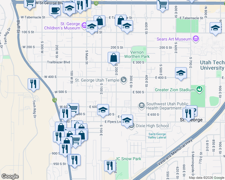 map of restaurants, bars, coffee shops, grocery stores, and more near 156 East 500 South in St. George