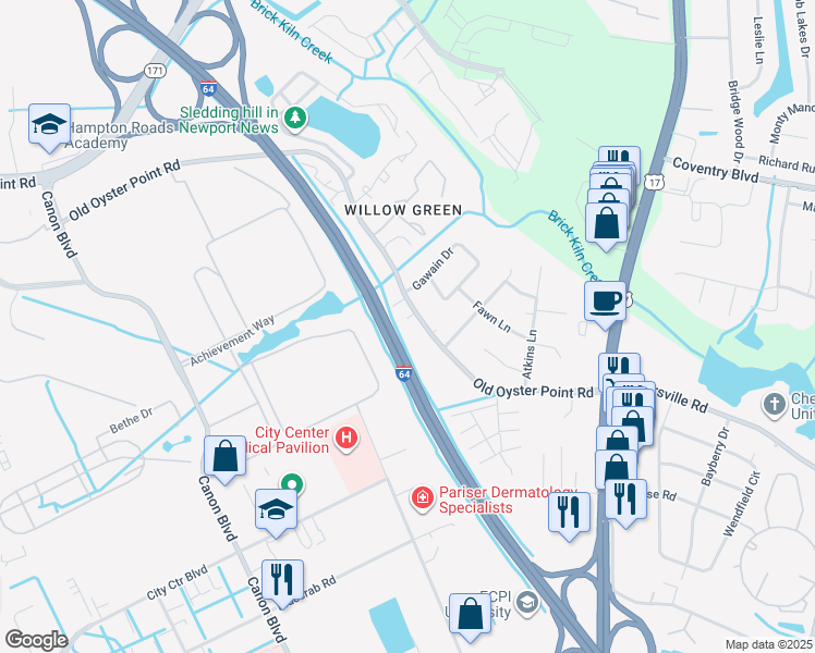 map of restaurants, bars, coffee shops, grocery stores, and more near 758 Old Oyster Point Road in Newport News