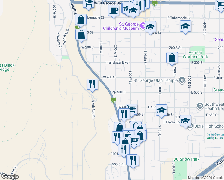 map of restaurants, bars, coffee shops, grocery stores, and more near 480 South 200 West in St. George