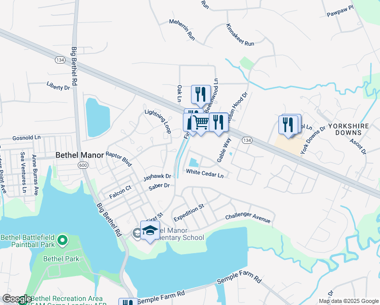 map of restaurants, bars, coffee shops, grocery stores, and more near 141 Post Oak Road in Yorktown