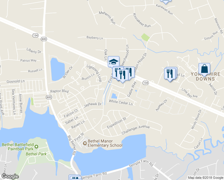 map of restaurants, bars, coffee shops, grocery stores, and more near 141 Post Oak Road in Yorktown