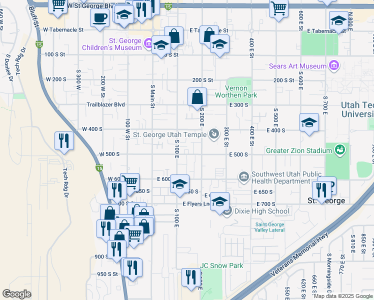 map of restaurants, bars, coffee shops, grocery stores, and more near 156 East 500 South in St. George