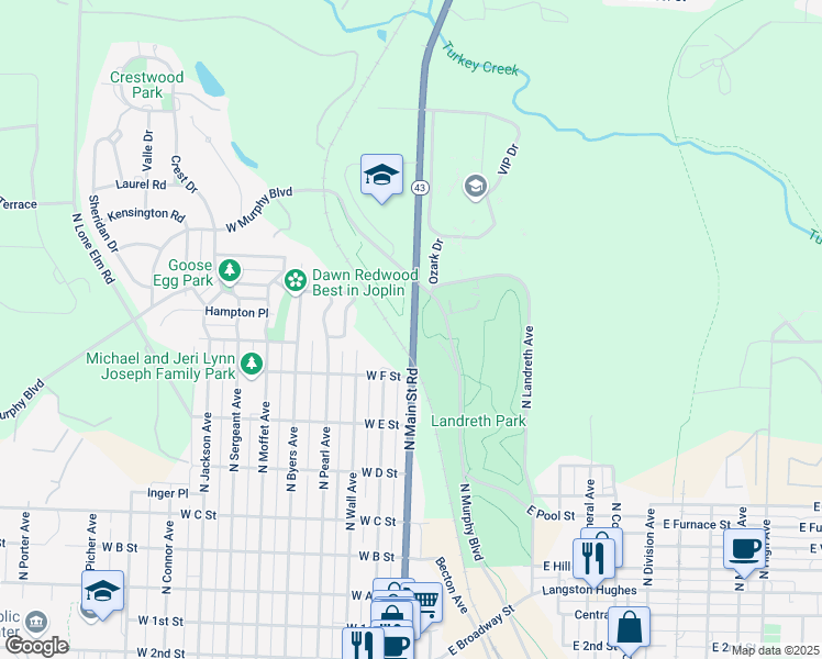 map of restaurants, bars, coffee shops, grocery stores, and more near 814-816 South Main Street in Joplin