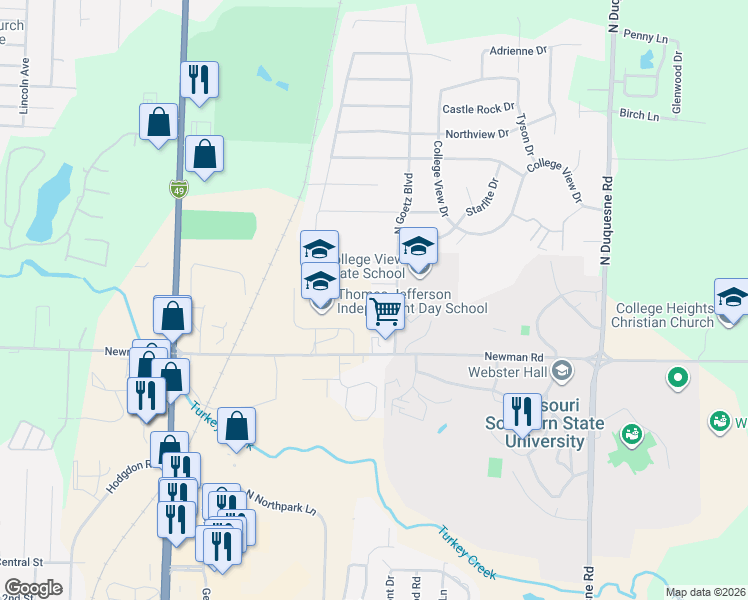 map of restaurants, bars, coffee shops, grocery stores, and more near 1008 North Goetz Boulevard in Joplin