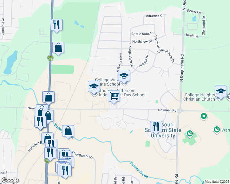 map of restaurants, bars, coffee shops, grocery stores, and more near 930 North Goetz Boulevard in Joplin