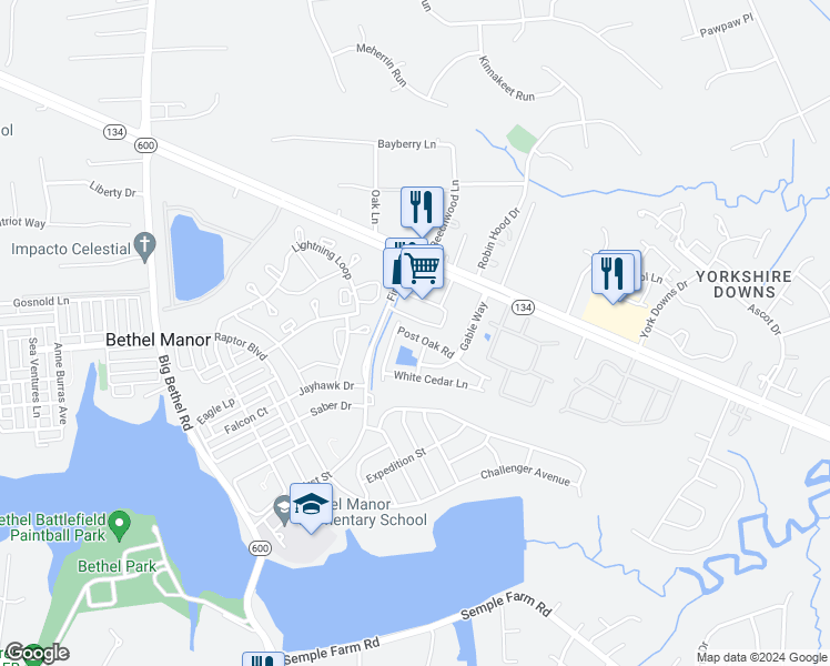 map of restaurants, bars, coffee shops, grocery stores, and more near 132 Post Oak Road in Yorktown