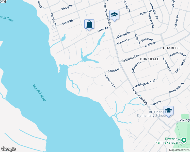 map of restaurants, bars, coffee shops, grocery stores, and more near 65 Dillwyn Drive in Newport News