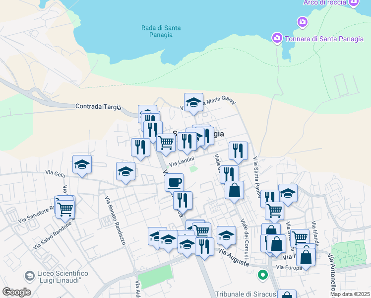 map of restaurants, bars, coffee shops, grocery stores, and more near 2A Via Sortino in Siracusa