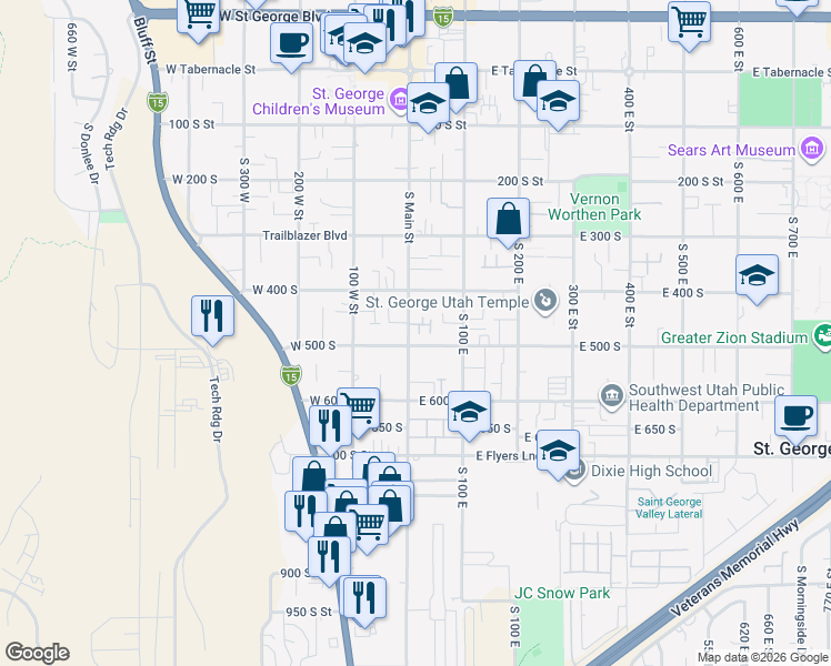 map of restaurants, bars, coffee shops, grocery stores, and more near 8 East 500 South in St. George