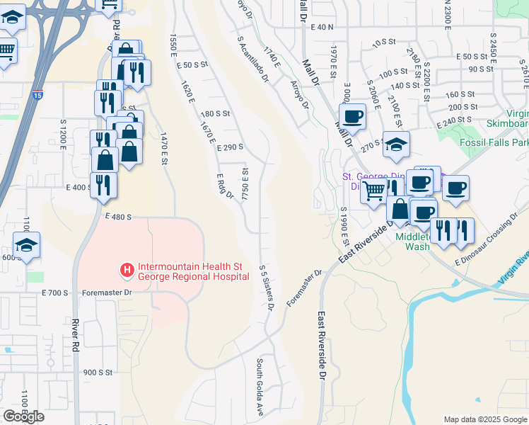map of restaurants, bars, coffee shops, grocery stores, and more near 1803 East 490 South Circle in St. George