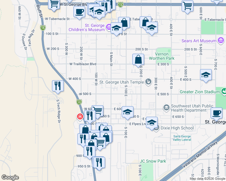 map of restaurants, bars, coffee shops, grocery stores, and more near 8 East 500 South in St. George