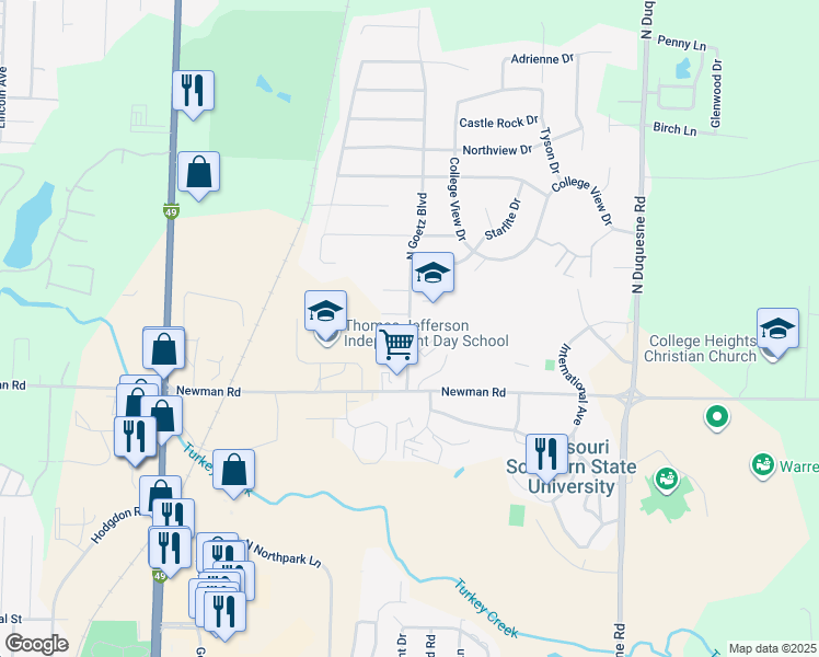 map of restaurants, bars, coffee shops, grocery stores, and more near 930 North Goetz Boulevard in Joplin
