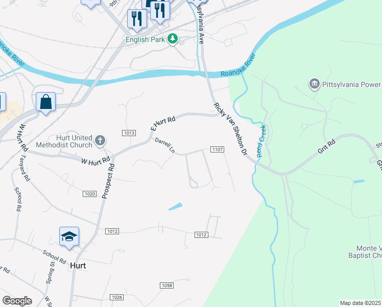 map of restaurants, bars, coffee shops, grocery stores, and more near County Road 1107 in Hurt