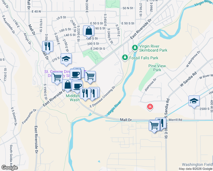 map of restaurants, bars, coffee shops, grocery stores, and more near 2271 East Dinosaur Crossing Drive in St. George