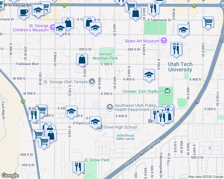 map of restaurants, bars, coffee shops, grocery stores, and more near 474 South 400 East in Saint George