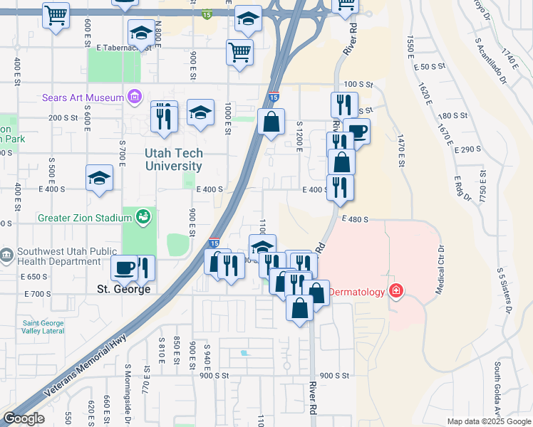 map of restaurants, bars, coffee shops, grocery stores, and more near 455 South 1100 East in St. George