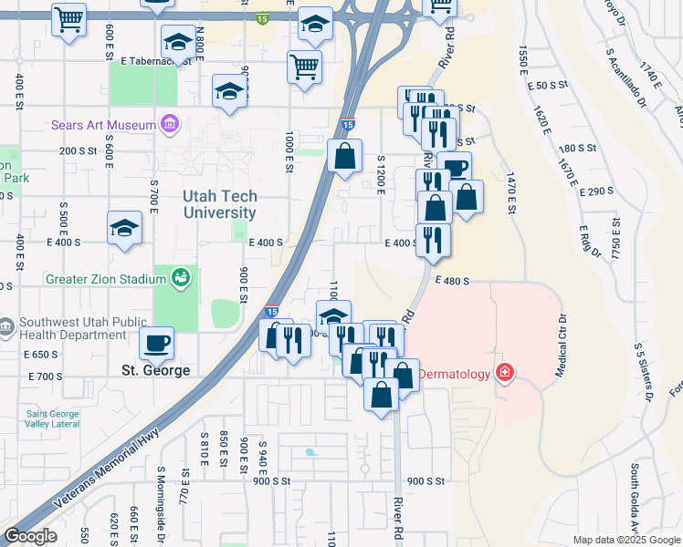 map of restaurants, bars, coffee shops, grocery stores, and more near 455 South 1100 East in St. George