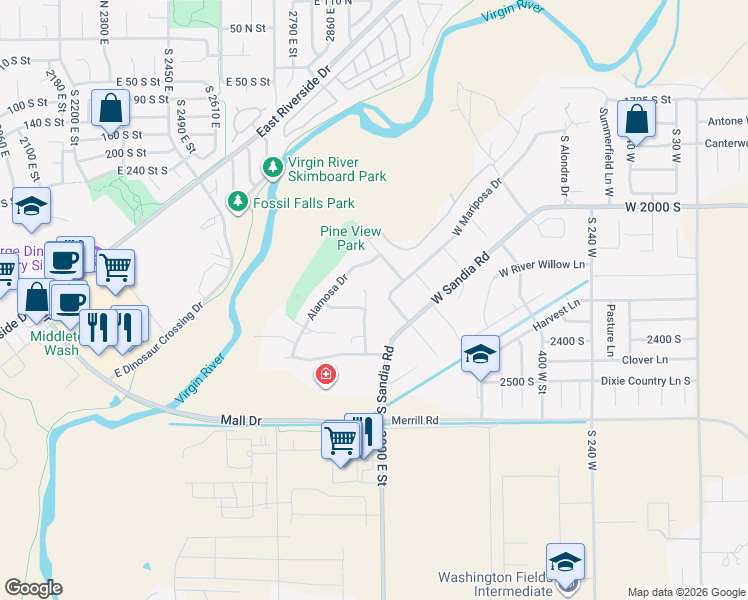 map of restaurants, bars, coffee shops, grocery stores, and more near 2309 Colina Vista Drive in Washington