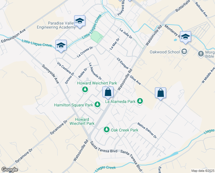 map of restaurants, bars, coffee shops, grocery stores, and more near 15295 La Alameda Drive in Morgan Hill