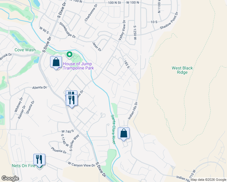 map of restaurants, bars, coffee shops, grocery stores, and more near 545 1360 West Street in St. George