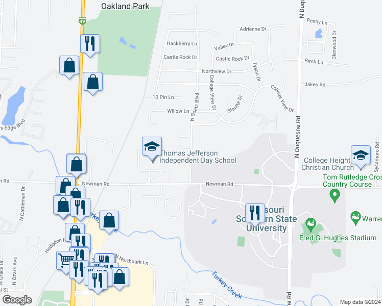 map of restaurants, bars, coffee shops, grocery stores, and more near 930 North Goetz Boulevard in Joplin