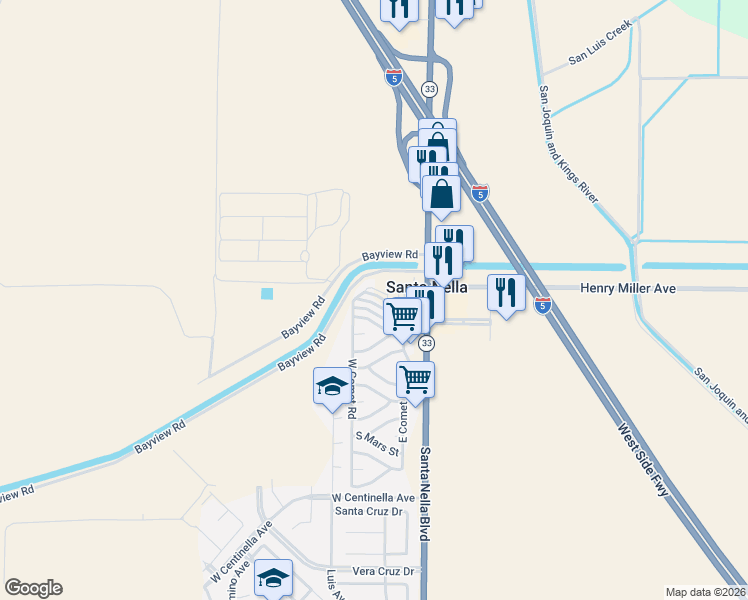 map of restaurants, bars, coffee shops, grocery stores, and more near 275 North Mercury Street in Santa Nella