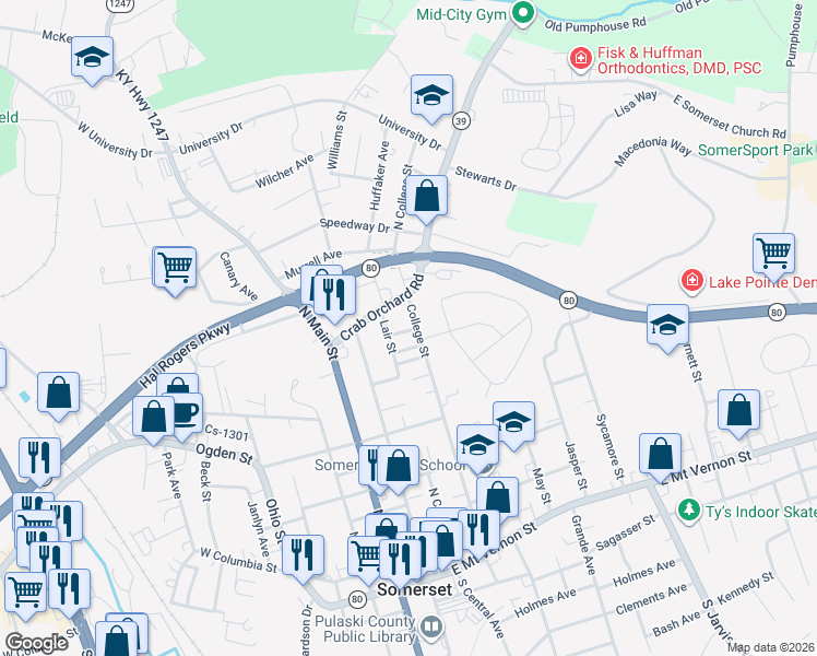 map of restaurants, bars, coffee shops, grocery stores, and more near Brad Street in Somerset