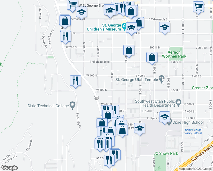 map of restaurants, bars, coffee shops, grocery stores, and more near 119 West 500 South in St. George