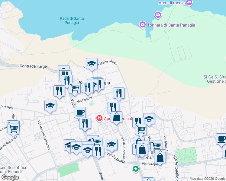 map of restaurants, bars, coffee shops, grocery stores, and more near 8 Via Portopalo in Siracusa