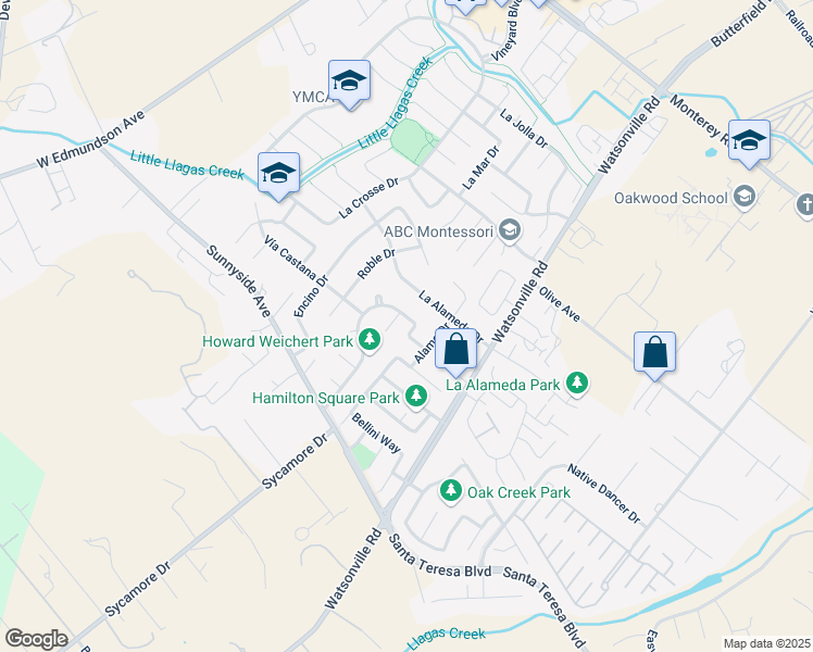 map of restaurants, bars, coffee shops, grocery stores, and more near 725 Vía Del Castille in Morgan Hill