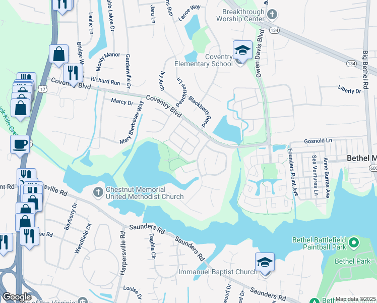 map of restaurants, bars, coffee shops, grocery stores, and more near 222 Belmont Circle in Yorktown