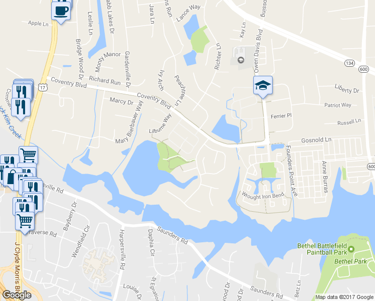 map of restaurants, bars, coffee shops, grocery stores, and more near 222 Belmont Circle in Yorktown