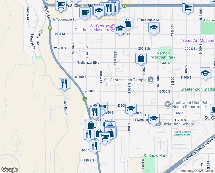 map of restaurants, bars, coffee shops, grocery stores, and more near 55 West 400 South in St. George