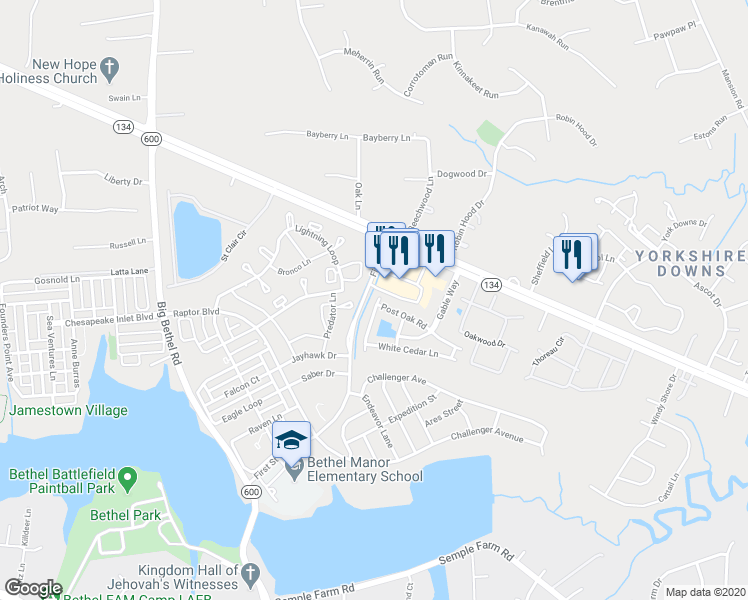 map of restaurants, bars, coffee shops, grocery stores, and more near 141 Buttonwood Lane in Yorktown