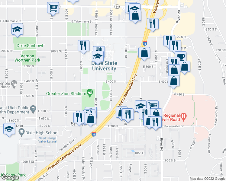 map of restaurants, bars, coffee shops, grocery stores, and more near 411 South 900 East in St. George